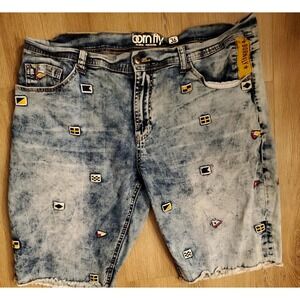 Born Fly Shorts 36 Denim Jorts Flags Cutoffs Distress 11" Inseam Blue/Red/Yellow